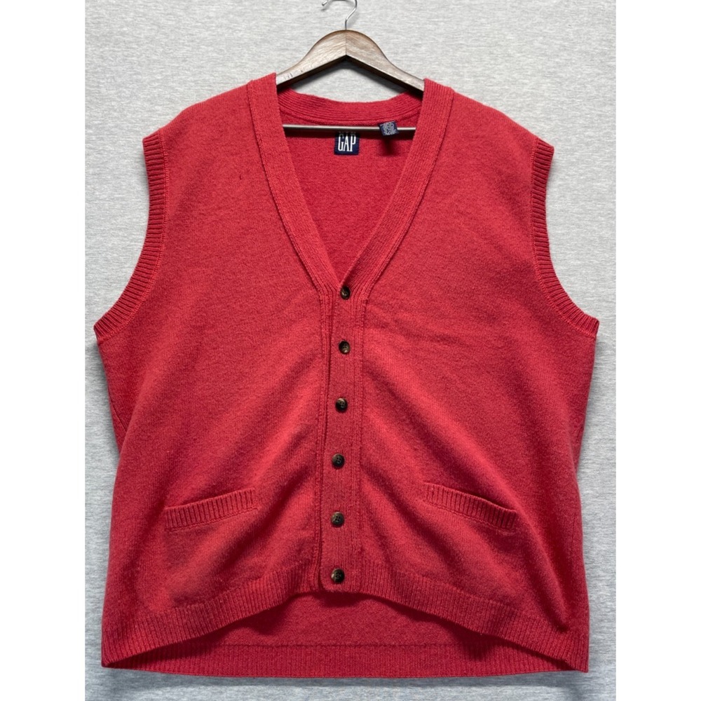 Vintage Gap Cardigan Vest Men Large Red Lambswool V Neck Tight Knit Button Front